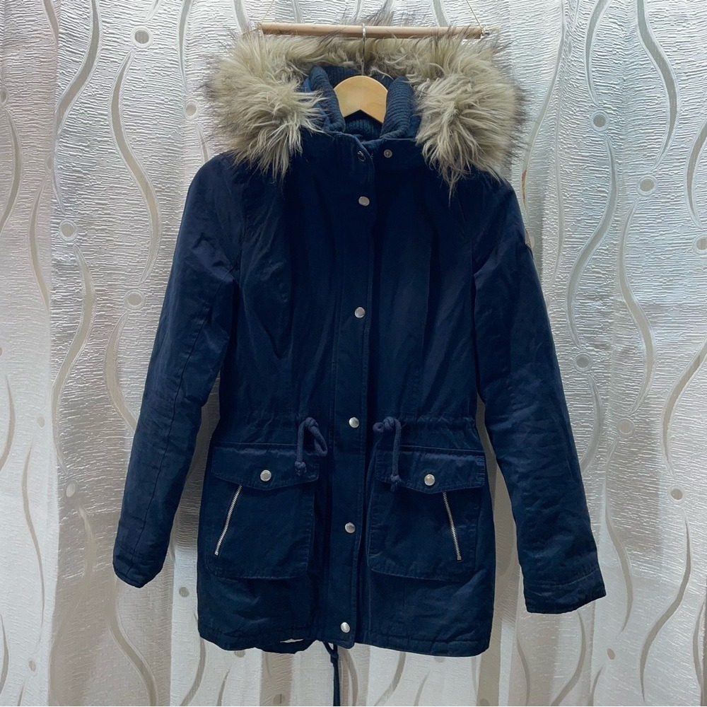 Hollister Sherpa Lined Parka Jacket Womens Small Navy Faux Fur Hood Excellent